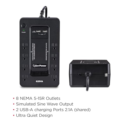 CyberPower Sistema UPS Standby ST625U, 625VA/360W, 8 tomacorrientes, 2 puertos de carga USB, compacto, negro