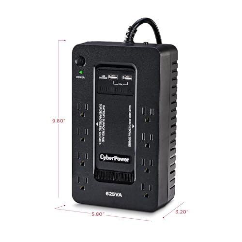 CyberPower Sistema UPS Standby ST625U, 625VA/360W, 8 tomacorrientes, 2 puertos de carga USB, compacto, negro