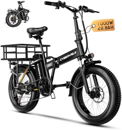 Cybervelo 750W Folding Electric Bike  48V 20 8AH/50AH Large Removable Battery E Bike  20 MPH  80 Miles Max Range  20 Fat Tire Electric Bike for Adults  Adult Electric Bicycles for Commute