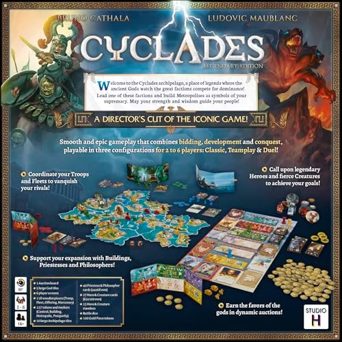 Cyclades | Juego de estrategia griega mitológica épica para adolescentes y adultos | Juego de mesa clásico de subastas y control de área | Modos 1v1, competitivos o de equipo | A partir de 14 años | 2-6 jugadores | 60-90 minutos