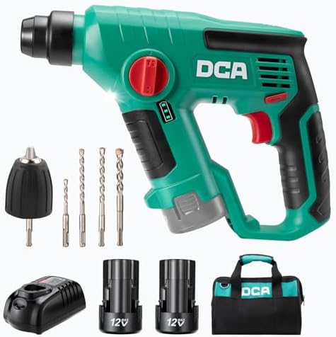 DCA 12V Cordless Drill Set SDS Plus Hammer Drill  1J 3 IN 1 Power Drill with Variable Speed  2 2 0Ah Battery  0 900 RPM/5600 BPM  with 3/8 Drill Chuck  4 Drill Bits for Concrete  Brick  Metal  Wood