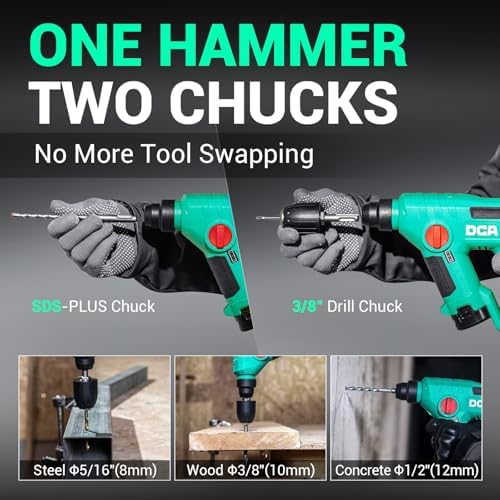 DCA 12V Cordless Drill Set SDS Plus Hammer Drill  1J 3 IN 1 Power Drill with Variable Speed  2 2 0Ah Battery  0 900 RPM/5600 BPM  with 3/8 Drill Chuck  4 Drill Bits for Concrete  Brick  Metal  Wood