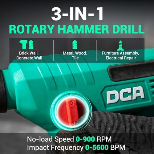 DCA 12V Cordless Drill Set SDS Plus Hammer Drill  1J 3 IN 1 Power Drill with Variable Speed  2 2 0Ah Battery  0 900 RPM/5600 BPM  with 3/8 Drill Chuck  4 Drill Bits for Concrete  Brick  Metal  Wood