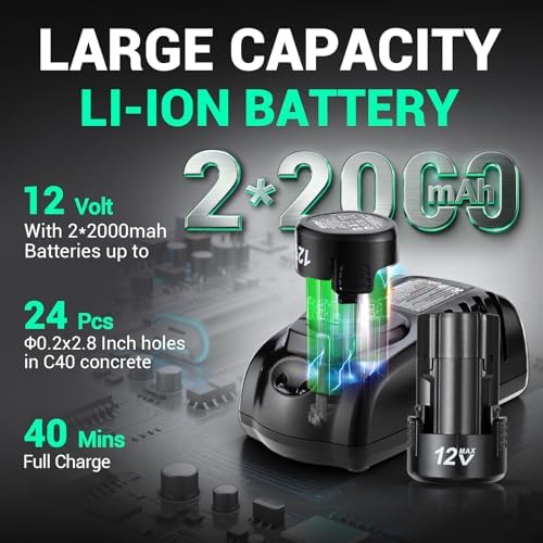 DCA 12V Cordless Drill Set SDS Plus Hammer Drill  1J 3 IN 1 Power Drill with Variable Speed  2 2 0Ah Battery  0 900 RPM/5600 BPM  with 3/8 Drill Chuck  4 Drill Bits for Concrete  Brick  Metal  Wood