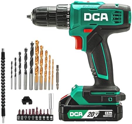 DCA Cordless Drill Set  354 in lbs Torque  3/8 Keyless Chuck  Electric Power Drill with 2 0Ah Battery and Charger 18 1 Position 25 Piece 20V Drill Driver Kit  ADJZ2035