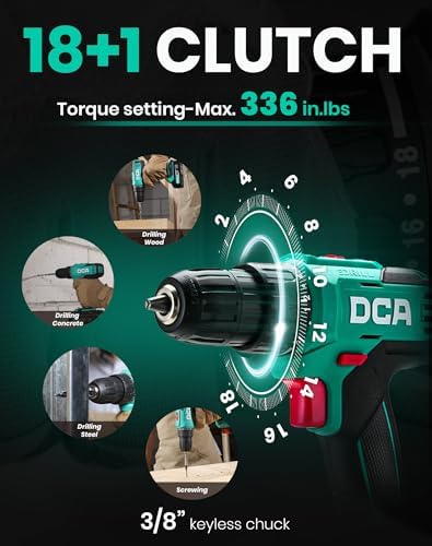 DCA Cordless Drill Set  354 in lbs Torque  3/8 Keyless Chuck  Electric Power Drill with 2 0Ah Battery and Charger 18 1 Position 25 Piece 20V Drill Driver Kit  ADJZ2035