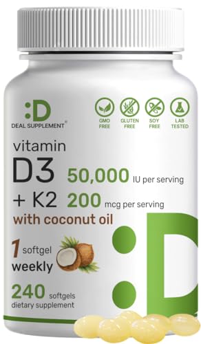 DEAL SUPPLEMENT Vitamin D3 50 000 IU   K2 MK7 200mcg Softgels  240 Count   2 in 1 Complex with Virgin Coconut Oil   Supports Heart  Bone  Teeth & Immune Health   Easy to Swallow