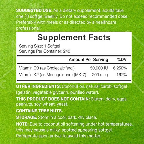DEAL SUPPLEMENT Vitamin D3 50 000 IU   K2 MK7 200mcg Softgels  240 Count   2 in 1 Complex with Virgin Coconut Oil   Supports Heart  Bone  Teeth & Immune Health   Easy to Swallow