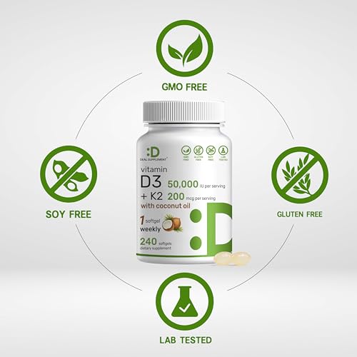 DEAL SUPPLEMENT Vitamin D3 50 000 IU   K2 MK7 200mcg Softgels  240 Count   2 in 1 Complex with Virgin Coconut Oil   Supports Heart  Bone  Teeth & Immune Health   Easy to Swallow