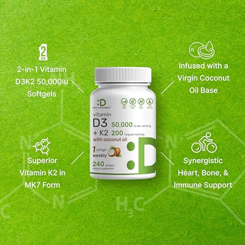 DEAL SUPPLEMENT Vitamin D3 50 000 IU   K2 MK7 200mcg Softgels  240 Count   2 in 1 Complex with Virgin Coconut Oil   Supports Heart  Bone  Teeth & Immune Health   Easy to Swallow