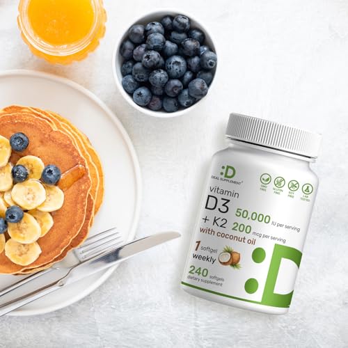 DEAL SUPPLEMENT Vitamin D3 50 000 IU   K2 MK7 200mcg Softgels  240 Count   2 in 1 Complex with Virgin Coconut Oil   Supports Heart  Bone  Teeth & Immune Health   Easy to Swallow