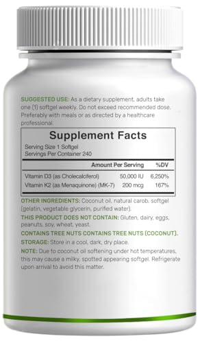 DEAL SUPPLEMENT Vitamin D3 50 000 IU   K2 MK7 200mcg Softgels  240 Count   2 in 1 Complex with Virgin Coconut Oil   Supports Heart  Bone  Teeth & Immune Health   Easy to Swallow