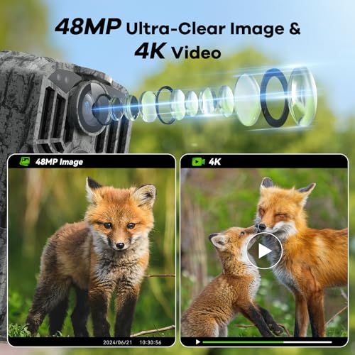 DEATTI Cámara de rastro 48MP 4K cámara de juego con 8 baterías, tarjeta SD de 32 GB, conexión WiFi Bluetooth, cámaras de rastro con visión nocturna activada por movimiento, impermeable, para vida