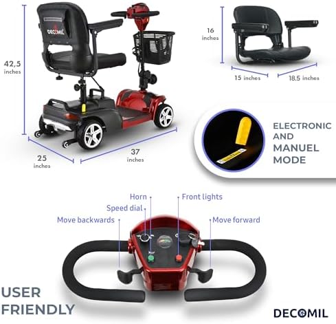 DECOMIL Mobility Scooter for Seniors   20 Miles Range  4 Wheel Foldable Electric Scooter  24V 20Ah Battery  300W Motor  285 lbs Capacity  Travel Scooter with USB Charging Input