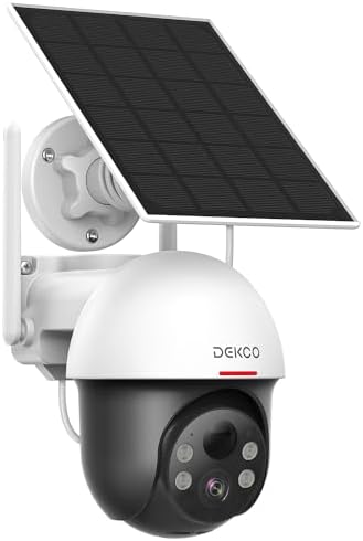 DEKCO Solar Security Camera Outdoor Wireless  Battery Powered  Panoramic Pan Tilt Zoom  Auto Motion Tracking  True 2K  Color Night Vision  Spotlight  2 Way Talk