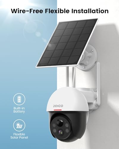 DEKCO Solar Security Camera Outdoor Wireless  Battery Powered  Panoramic Pan Tilt Zoom  Auto Motion Tracking  True 2K  Color Night Vision  Spotlight  2 Way Talk