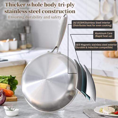 DELARLO Kitchen Whole Body Tri Ply Stainless Steel Frying Pan  12 inch Stainless Steel  Oven safe induction skillet  Pots and Pans set Suitable for All Stove