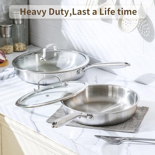 DELARLO Kitchen Whole Body Tri Ply Stainless Steel Frying Pan  12 inch Stainless Steel  Oven safe induction skillet  Pots and Pans set Suitable for All Stove
