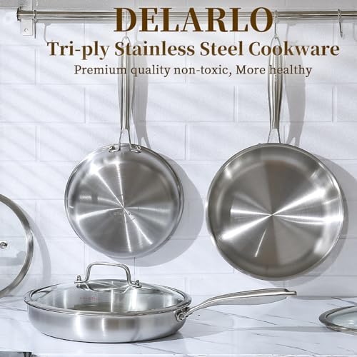 DELARLO Kitchen Whole Body Tri Ply Stainless Steel Frying Pan  12 inch Stainless Steel  Oven safe induction skillet  Pots and Pans set Suitable for All Stove