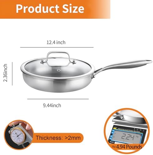 DELARLO Kitchen Whole Body Tri Ply Stainless Steel Frying Pan  12 inch Stainless Steel  Oven safe induction skillet  Pots and Pans set Suitable for All Stove