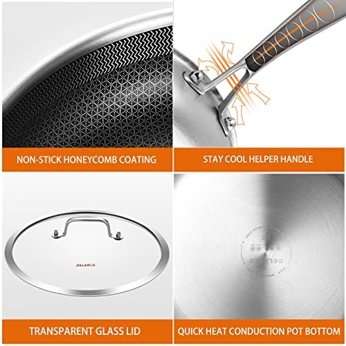 DELARLO Kitchen Whole Body Tri Ply Stainless Steel Frying Pan  12 inch Stainless Steel  Oven safe induction skillet  Pots and Pans set Suitable for All Stove