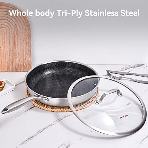 DELARLO Kitchen Whole Body Tri Ply Stainless Steel Frying Pan  12 inch Stainless Steel  Oven safe induction skillet  Pots and Pans set Suitable for All Stove