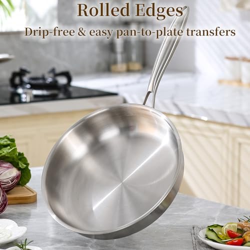 DELARLO Kitchen Whole Body Tri Ply Stainless Steel Frying Pan  12 inch Stainless Steel  Oven safe induction skillet  Pots and Pans set Suitable for All Stove