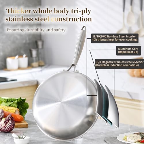 DELARLO Kitchen Whole Body Tri Ply Stainless Steel Frying Pan  12 inch Stainless Steel  Oven safe induction skillet  Pots and Pans set Suitable for All Stove