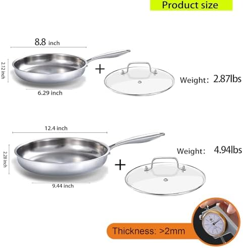 DELARLO Kitchen Whole Body Tri Ply Stainless Steel Frying Pan  12 inch Stainless Steel  Oven safe induction skillet  Pots and Pans set Suitable for All Stove