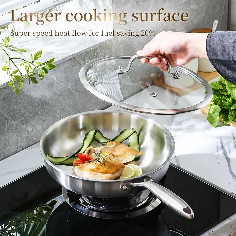 DELARLO Kitchen Whole Body Tri Ply Stainless Steel Frying Pan  12 inch Stainless Steel  Oven safe induction skillet  Pots and Pans set Suitable for All Stove