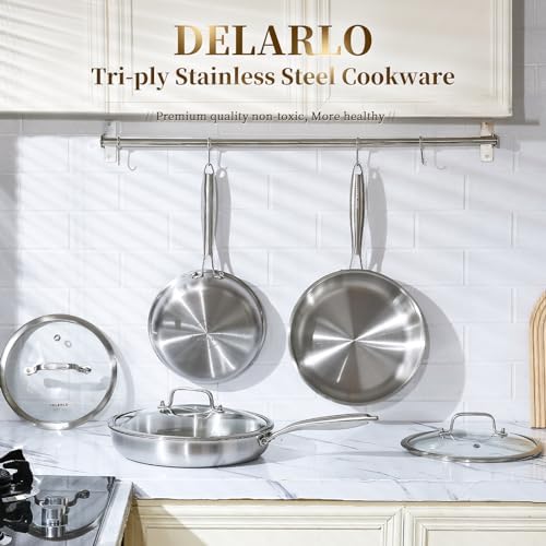 DELARLO Kitchen Whole Body Tri Ply Stainless Steel Frying Pan  12 inch Stainless Steel  Oven safe induction skillet  Pots and Pans set Suitable for All Stove