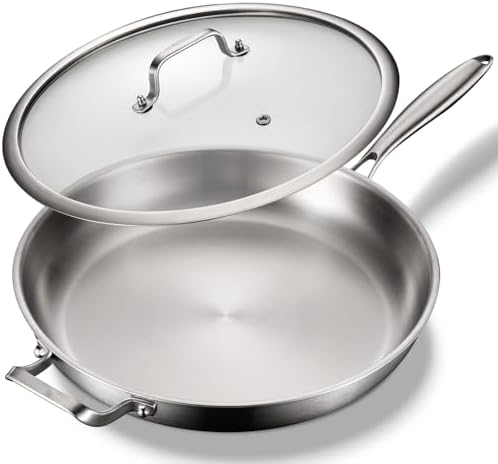 DELARLO Kitchen Whole Body Tri Ply Stainless Steel Frying Pan  12 inch Stainless Steel  Oven safe induction skillet  Pots and Pans set Suitable for All Stove