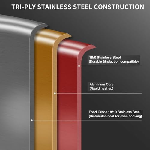 DELARLO Kitchen Whole Body Tri Ply Stainless Steel Frying Pan  12 inch Stainless Steel  Oven safe induction skillet  Pots and Pans set Suitable for All Stove