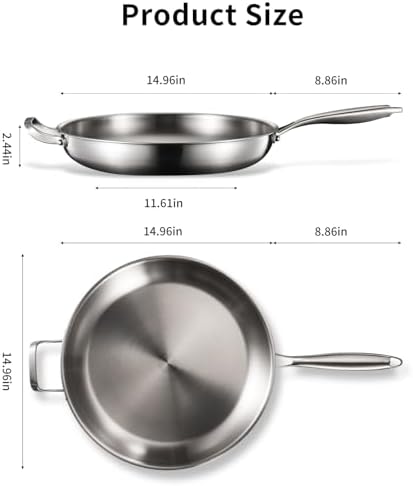 DELARLO Kitchen Whole Body Tri Ply Stainless Steel Frying Pan  12 inch Stainless Steel  Oven safe induction skillet  Pots and Pans set Suitable for All Stove