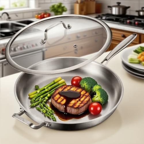 DELARLO Kitchen Whole Body Tri Ply Stainless Steel Frying Pan  12 inch Stainless Steel  Oven safe induction skillet  Pots and Pans set Suitable for All Stove