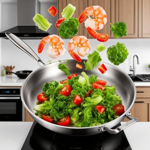 DELARLO Kitchen Whole Body Tri Ply Stainless Steel Frying Pan  12 inch Stainless Steel  Oven safe induction skillet  Pots and Pans set Suitable for All Stove