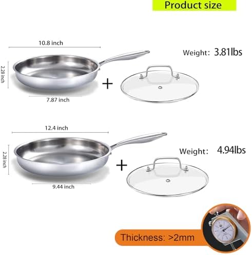 DELARLO Kitchen Whole Body Tri Ply Stainless Steel Frying Pan  12 inch Stainless Steel  Oven safe induction skillet  Pots and Pans set Suitable for All Stove