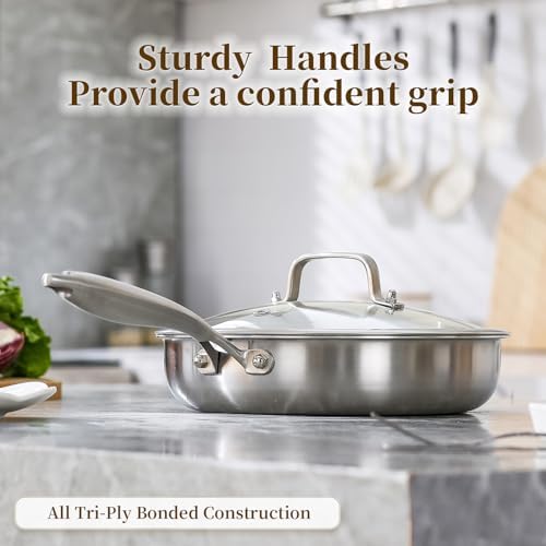 DELARLO Kitchen Whole Body Tri Ply Stainless Steel Frying Pan  12 inch Stainless Steel  Oven safe induction skillet  Pots and Pans set Suitable for All Stove