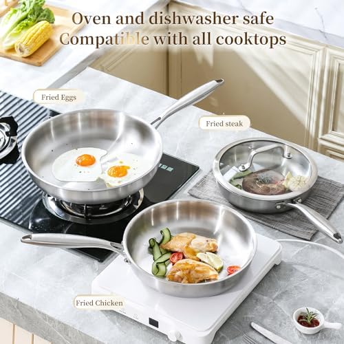 DELARLO Kitchen Whole Body Tri Ply Stainless Steel Frying Pan  12 inch Stainless Steel  Oven safe induction skillet  Pots and Pans set Suitable for All Stove