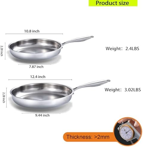 DELARLO Kitchen Whole Body Tri Ply Stainless Steel Frying Pan  12 inch Stainless Steel  Oven safe induction skillet  Pots and Pans set Suitable for All Stove