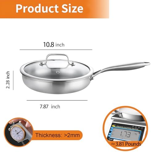 DELARLO Kitchen Whole Body Tri Ply Stainless Steel Frying Pan  12 inch Stainless Steel  Oven safe induction skillet  Pots and Pans set Suitable for All Stove
