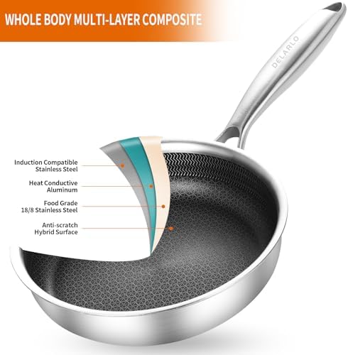 DELARLO Kitchen Whole Body Tri Ply Stainless Steel Frying Pan  12 inch Stainless Steel  Oven safe induction skillet  Pots and Pans set Suitable for All Stove