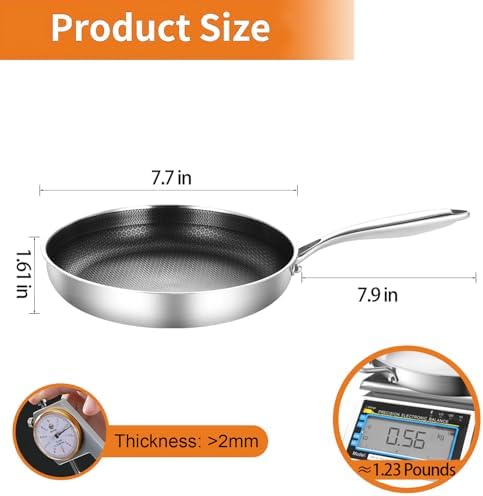DELARLO Kitchen Whole Body Tri Ply Stainless Steel Frying Pan  12 inch Stainless Steel  Oven safe induction skillet  Pots and Pans set Suitable for All Stove