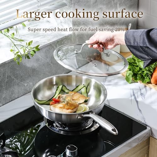 DELARLO Kitchen Whole Body Tri Ply Stainless Steel Frying Pan  12 inch Stainless Steel  Oven safe induction skillet  Pots and Pans set Suitable for All Stove