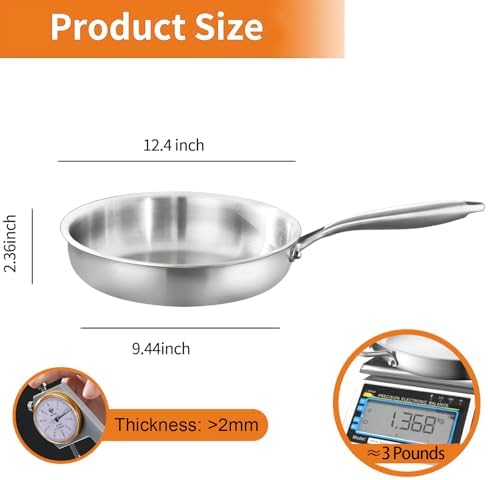 DELARLO Kitchen Whole Body Tri Ply Stainless Steel Frying Pan  12 inch Stainless Steel  Oven safe induction skillet  Pots and Pans set Suitable for All Stove