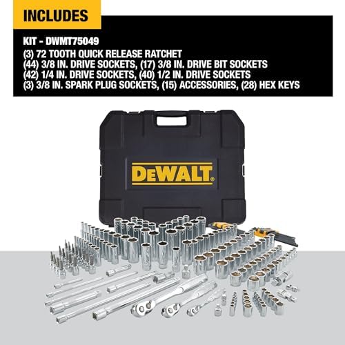 DEWALT 192 Pcs  Mechanics Tool Set  1/2  1/4  3/8 Socket Set  SAE and Metric Socket Wrench Set  Hard Shell Tool Box  DWMT75049