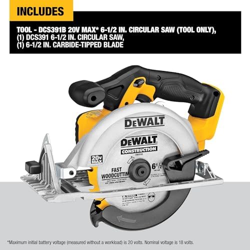 DEWALT 20V MAX Circular Saw  Cordless Sidewinder Style Portable  6 1/2 Inch Blade  5150 RPM  0 50 Degree Bevel Capability  Battery Not Included  DCS391B
