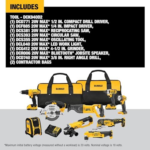 DEWALT 20V MAX Power Tools  9 Cordless Tool Combo  Impact and Drill Driver  Oscillating Tool  Grinder Circular and Reciprocating Saw Right Angle Drill Speaker LED Light  2 Batteries Charger  DCK940D2 