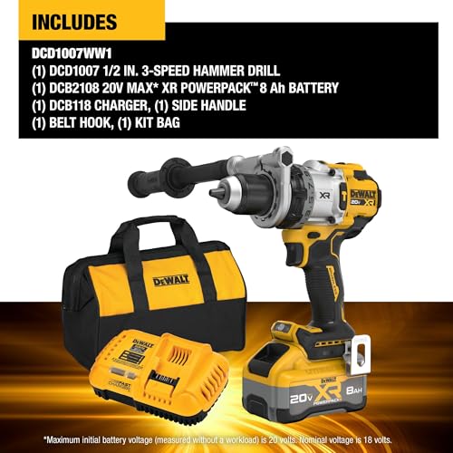 DEWALT 20V MAX XR 1/2 Inch Cordless Hammer Drill Kit with 8AH Battery and Charger  DCD1007WW1