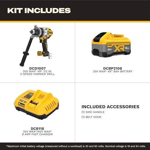 DEWALT 20V MAX XR 1/2 Inch Brushless Cordless Hammer Drill Kit with 8AH Battery and Charger  3 Speed  DCD1007WW1 